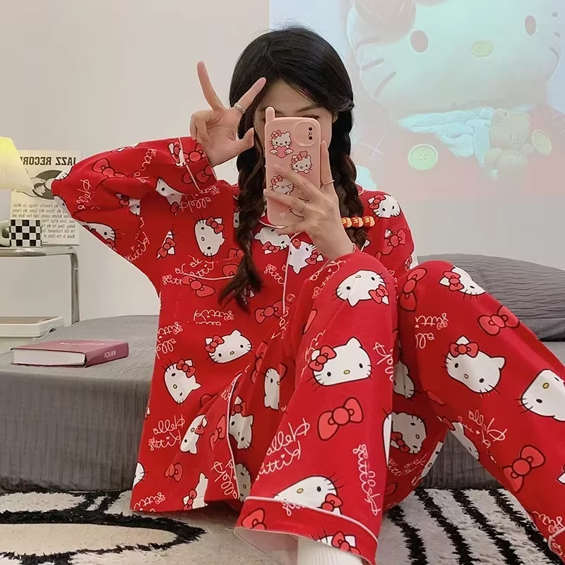 Kitty Seidenpyjama – 2-teiliges Herbst-Set aus Baumwolle mit langen Ärmeln und Hose für Damen