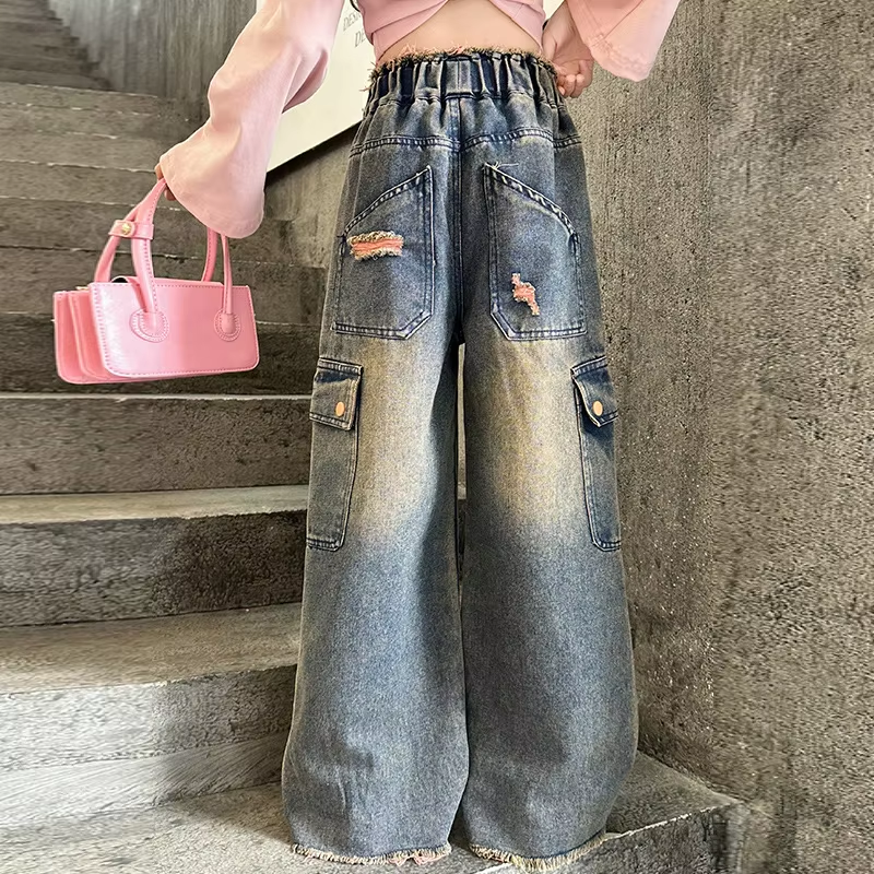 Retro-Jeans-Overall für Mädchen – Western-Stil mit großen Taschen, weites Beindesign für Kinder (5–15 Jahre).