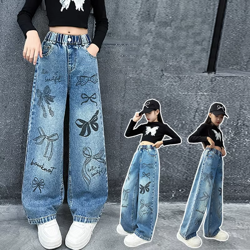 Jeans mit handgezeichnetem Graffiti-Motiv für Mädchen – Trendige Jeanshose mit weitem Bein für Teenager, lockere Hose für Frühling und Herbst (4–15 Jahre)