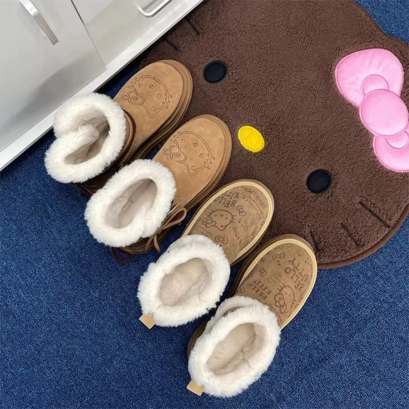 Kitty Bow Tie Lace-Up Snow Boots – Cute & Cozy Kawaii Winter Boots for Girls