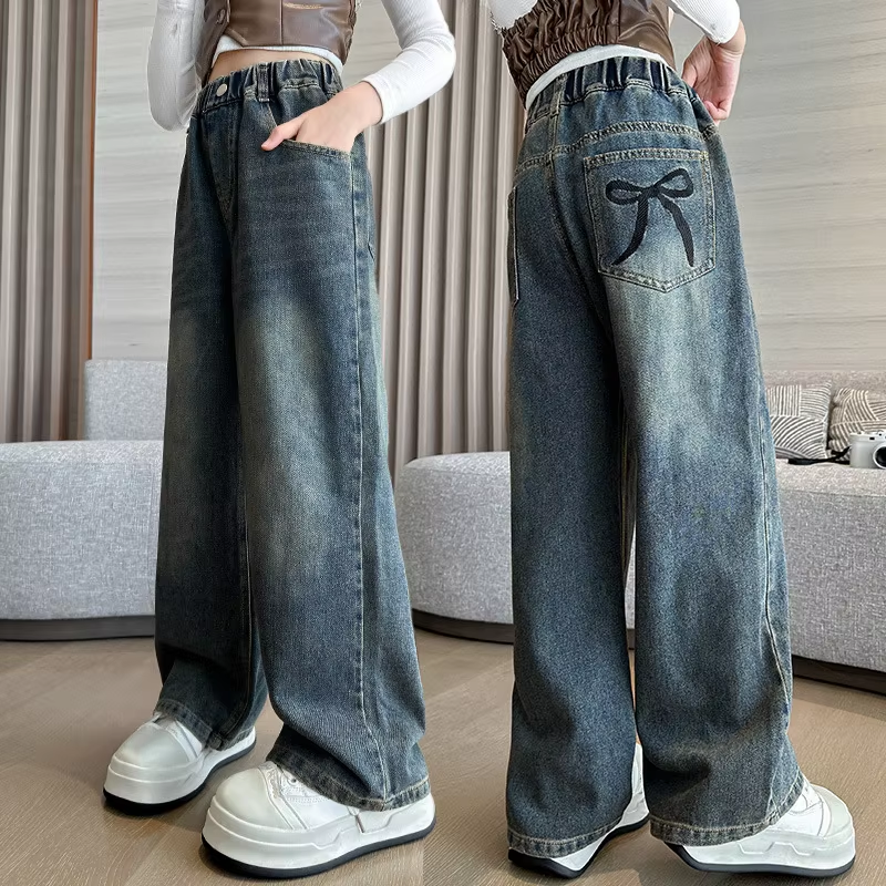 Jeans mit Schleifenstickerei und Taschen für Mädchen – Trendy Jeanshose mit weitem Bein für Teenager, lockere Hose für Frühling und Herbst (4–14 Jahre)