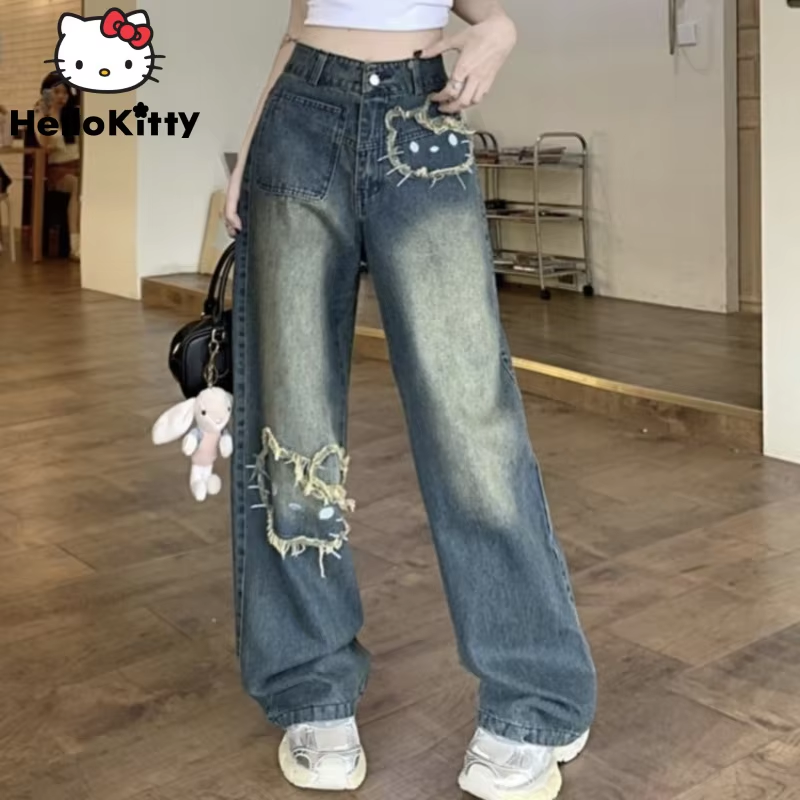 Kitty korejská verze Streetwear Džíny Ženy Vintage Modré Volné rovné kalhoty Kreslená móda Široké nohavice Kalhoty Y2k