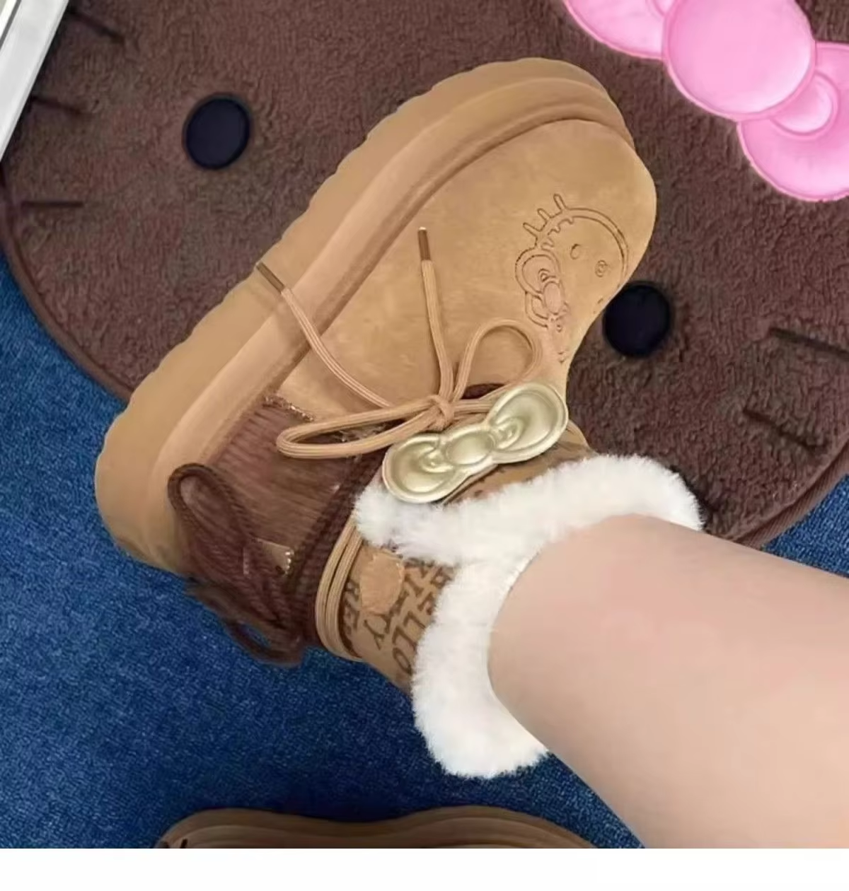 Kitty Bow Tie Lace-Up Snow Boots – Cute & Cozy Kawaii Winter Boots for Girls