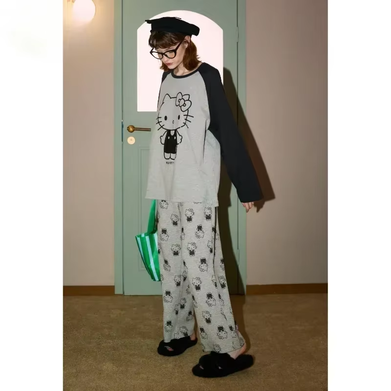Kitty Autumn Pyjama-Set aus Baumwolle – Langarmoberteil und Hose, Loungewear aus Seide für Damen