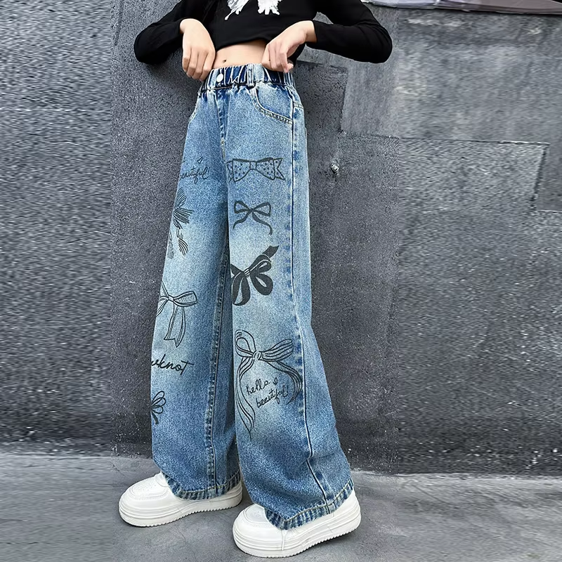 Jeans mit handgezeichnetem Graffiti-Motiv für Mädchen – Trendige Jeanshose mit weitem Bein für Teenager, lockere Hose für Frühling und Herbst (4–15 Jahre)