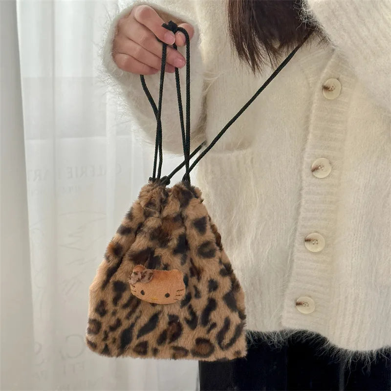 H. Kitty Girls Makeup Taška se stahovací šňůrkou Plyšový retro leopardí potisk, Crossbody kabelka