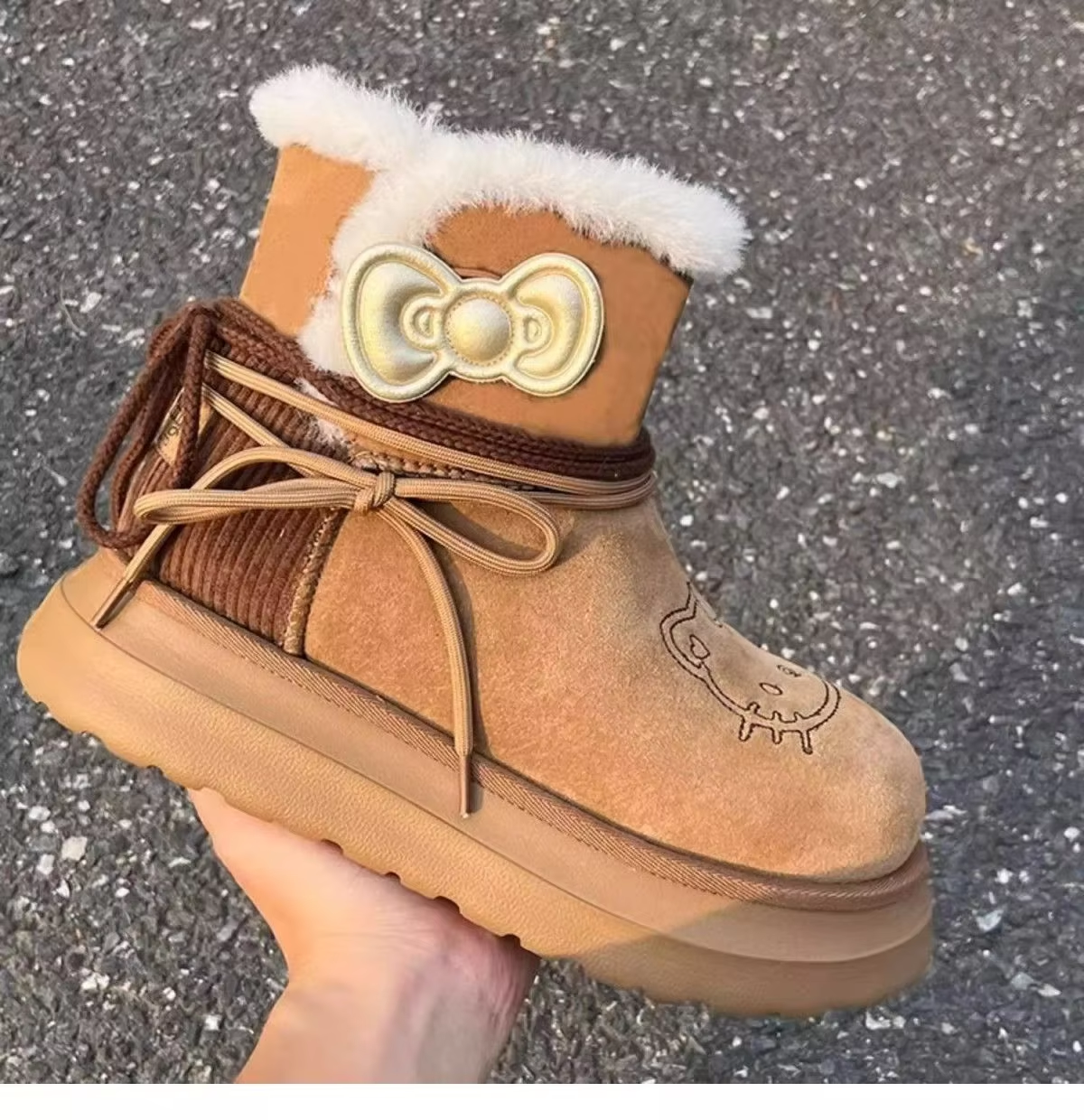 Kitty Bow Tie Lace-Up Snow Boots – Cute & Cozy Kawaii Winter Boots for Girls