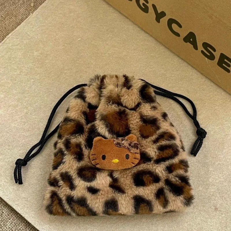 H. Kitty Girls Makeup Taška se stahovací šňůrkou Plyšový retro leopardí potisk, Crossbody kabelka