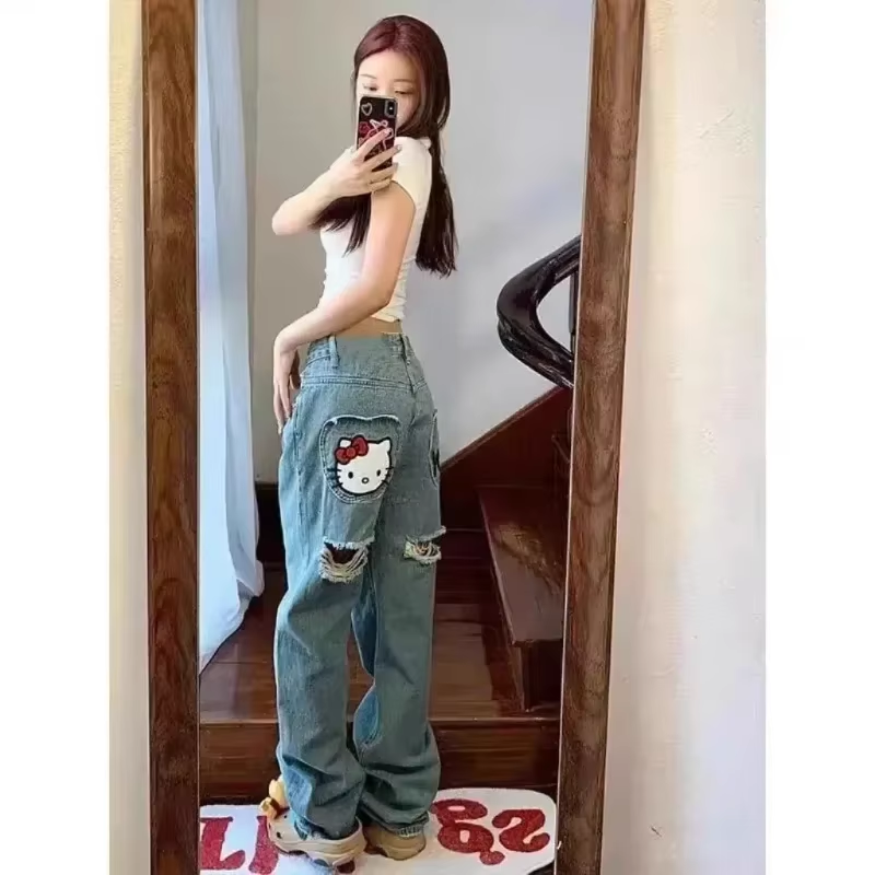 Anime Kawaii Kitty Jeans – süße bestickte Baumwolle, lockere Passform, schweißabsorbierende Hose, perfektes Geburtstagsgeschenk für die beste Freundin