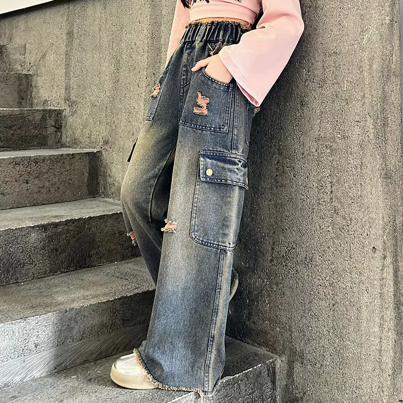 Retro-Jeans-Overall für Mädchen – Western-Stil mit großen Taschen, weites Beindesign für Kinder (5–15 Jahre).