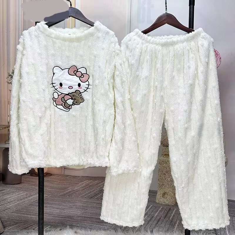 Kitty Coral Velvet Pyjamas – Süße dicke Flanellhose und süße Homewear für Damen