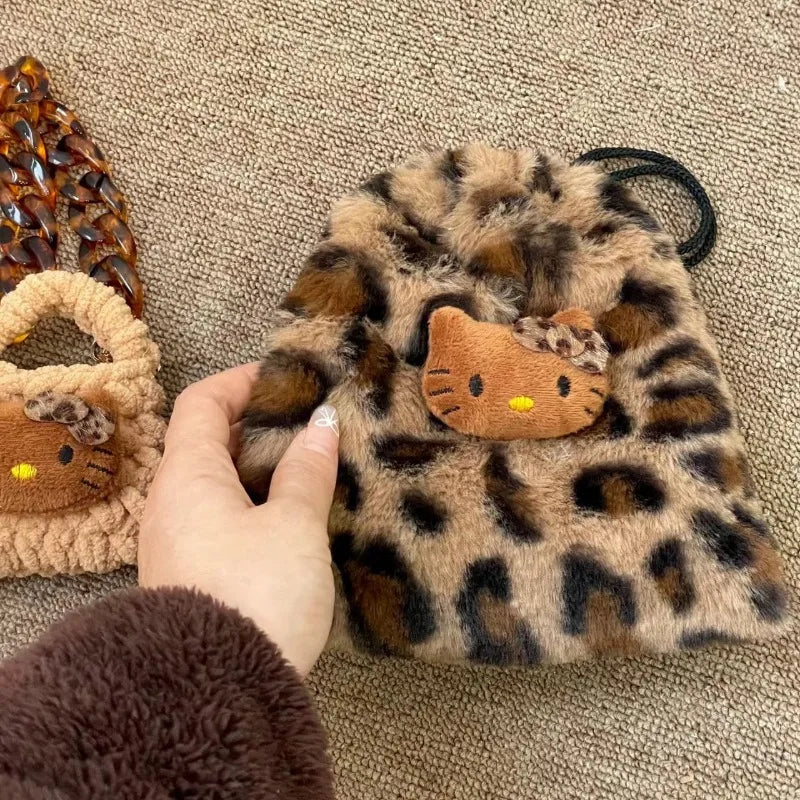H. Kitty Girls Makeup Taška se stahovací šňůrkou Plyšový retro leopardí potisk, Crossbody kabelka