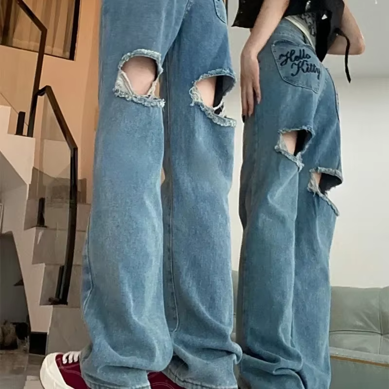 Anime Kawaii Kitty Jeans – süße bestickte Baumwolle, lockere Passform, schweißabsorbierende Hose, perfektes Geburtstagsgeschenk für die beste Freundin