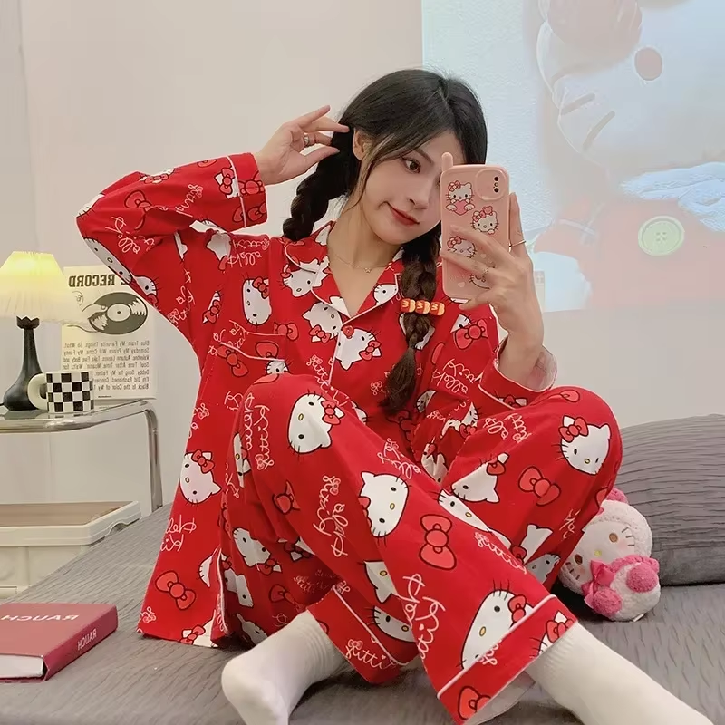 Kitty Seidenpyjama – 2-teiliges Herbst-Set aus Baumwolle mit langen Ärmeln und Hose für Damen
