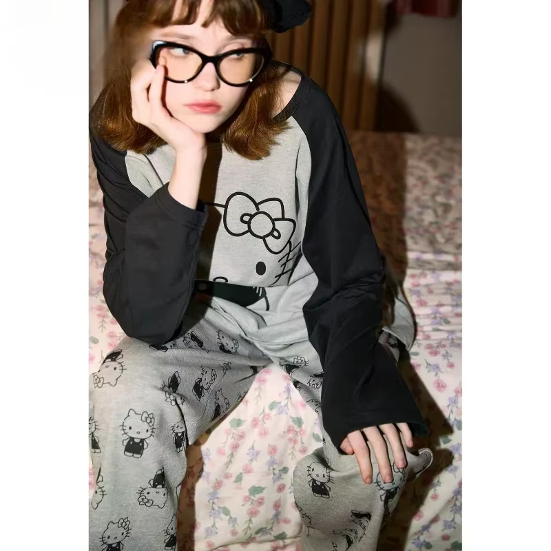 Kitty Autumn Pyjama-Set aus Baumwolle – Langarmoberteil und Hose, Loungewear aus Seide für Damen