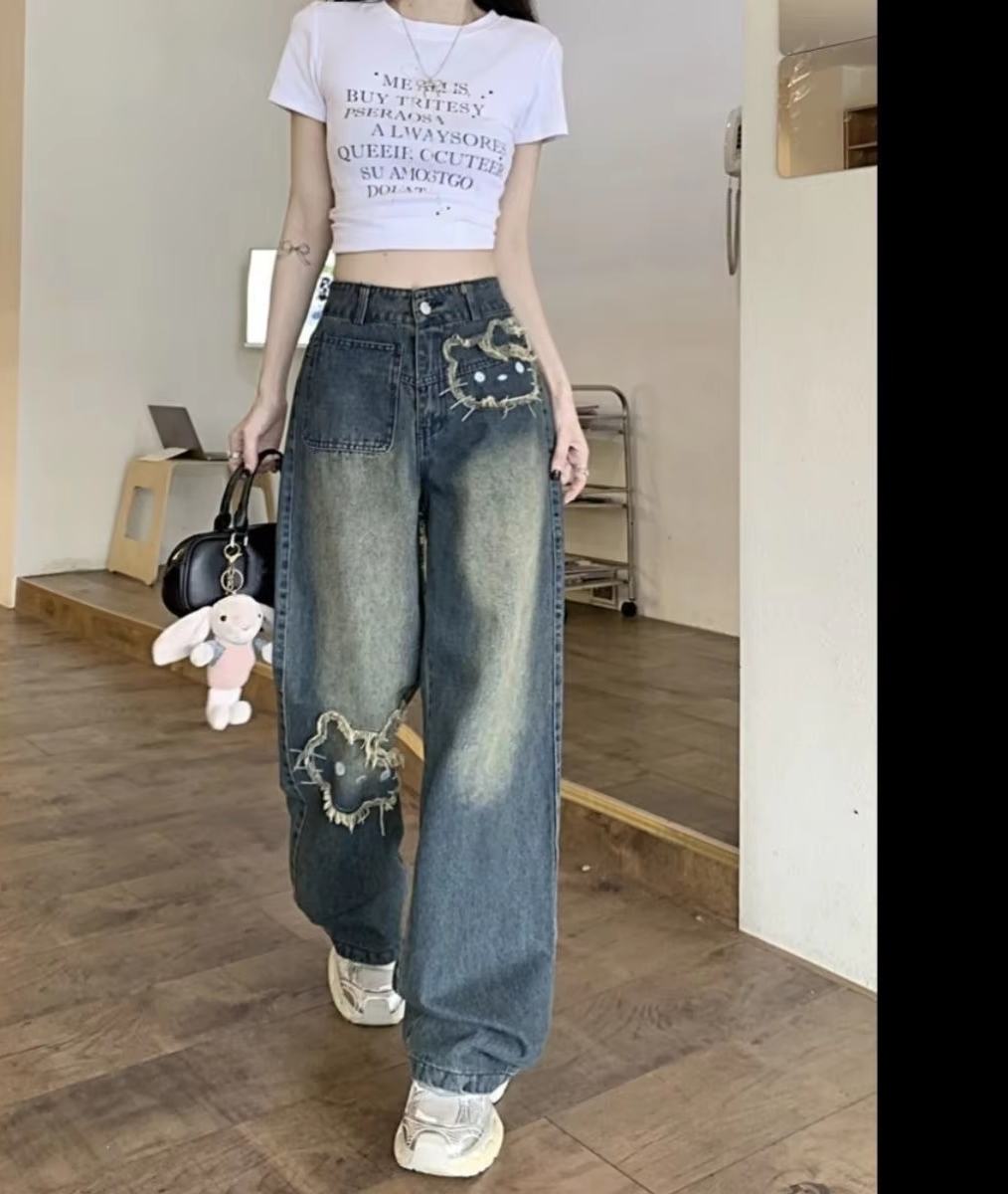 Kitty korejská verze Streetwear Džíny Ženy Vintage Modré Volné rovné kalhoty Kreslená móda Široké nohavice Kalhoty Y2k
