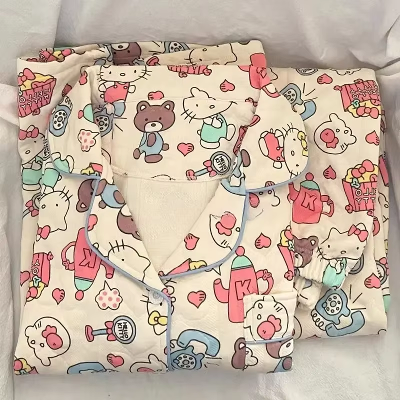 HK Kawaii Pyjama-Set – Lange Ärmel und Hose, süßes mädchenhaftes Herz-Design, perfektes Geschenk für Frühling und Herbst