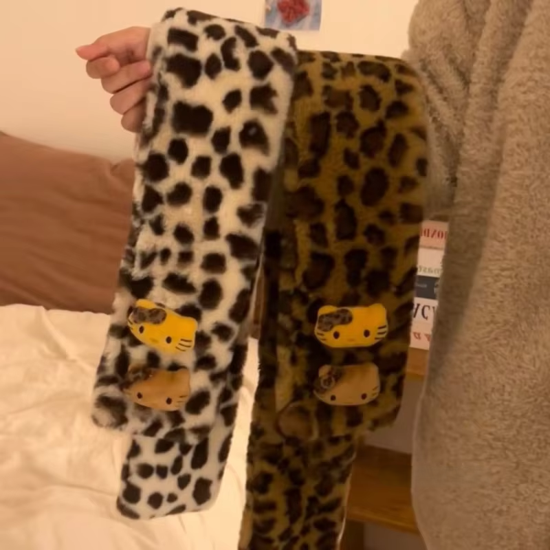 Plyšový šátek Kitty Leopard – roztomilý a trendy zimní doplněk, hřejivý a větru odolný dárek