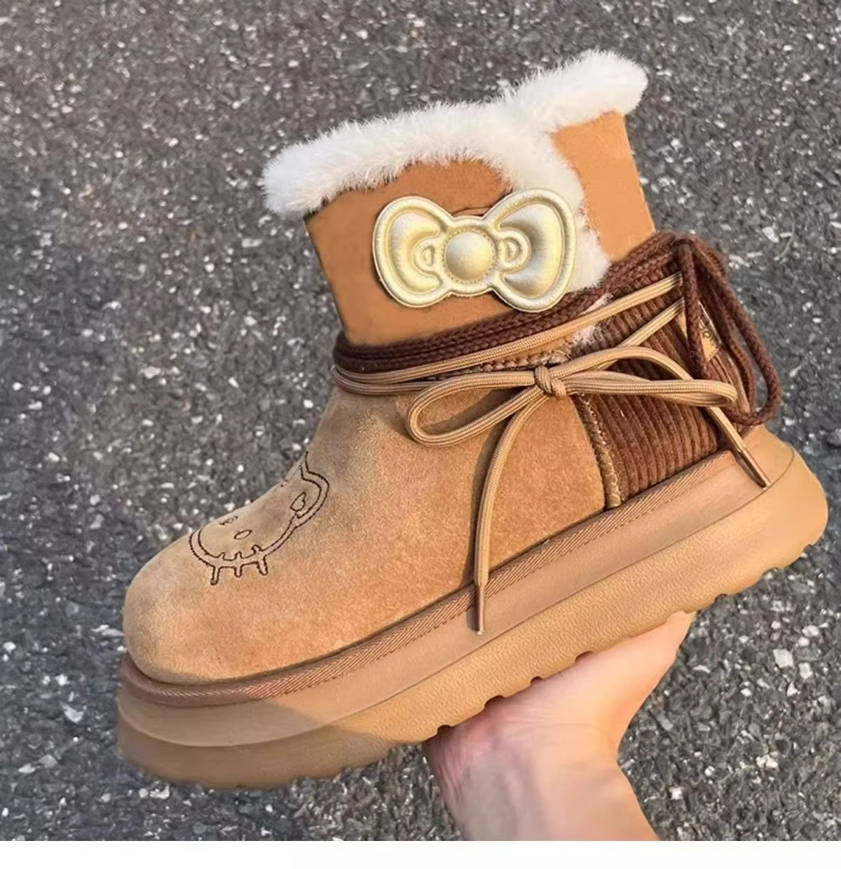 Kitty Bow Tie Lace-Up Snow Boots – Cute & Cozy Kawaii Winter Boots for Girls