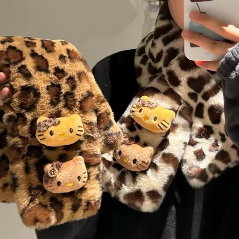 Plyšový šátek Kitty Leopard – roztomilý a trendy zimní doplněk, hřejivý a větru odolný dárek