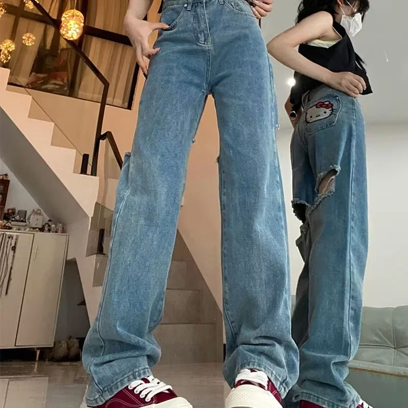 Anime Kawaii Kitty Jeans – süße bestickte Baumwolle, lockere Passform, schweißabsorbierende Hose, perfektes Geburtstagsgeschenk für die beste Freundin