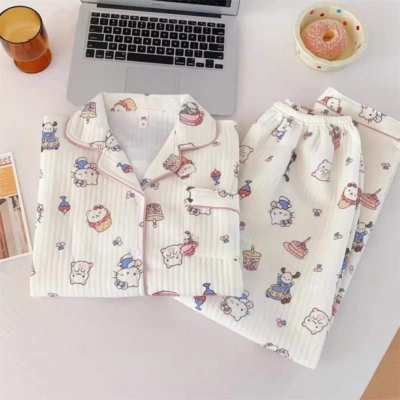 HK Kawaii Pyjama-Set – Lange Ärmel und Hose, süßes mädchenhaftes Herz-Design, perfektes Geschenk für Frühling und Herbst