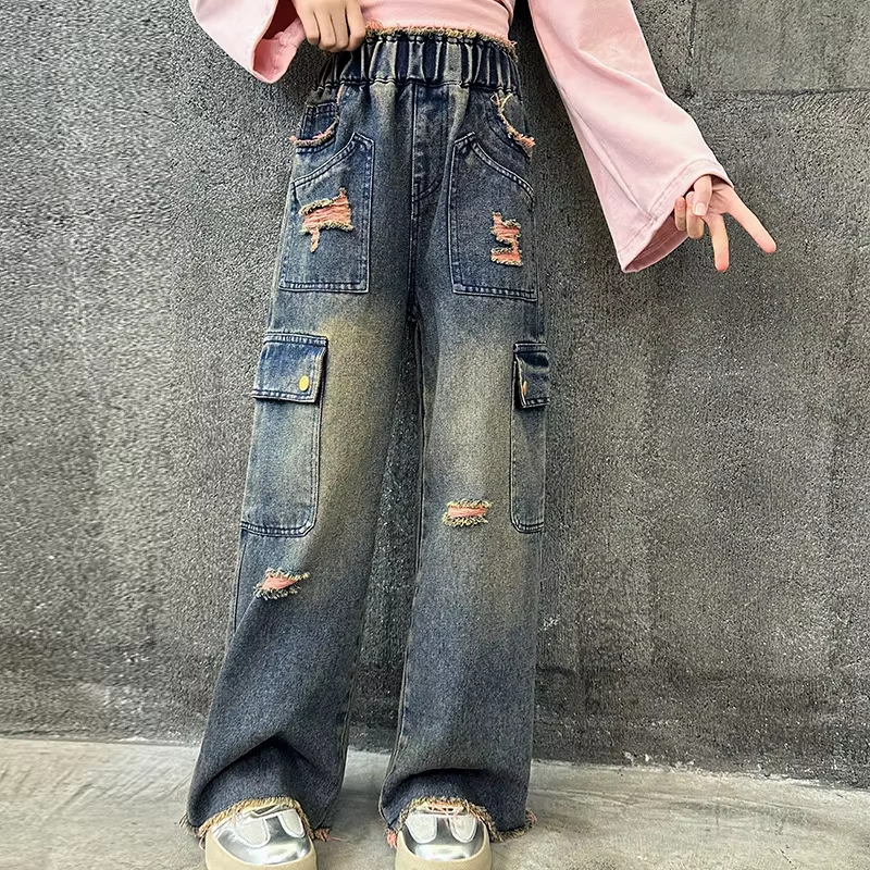 Retro-Jeans-Overall für Mädchen – Western-Stil mit großen Taschen, weites Beindesign für Kinder (5–15 Jahre).