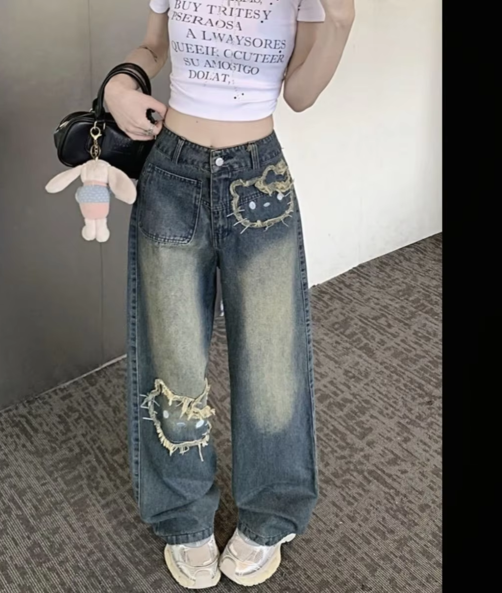 Kitty korejská verze Streetwear Džíny Ženy Vintage Modré Volné rovné kalhoty Kreslená móda Široké nohavice Kalhoty Y2k