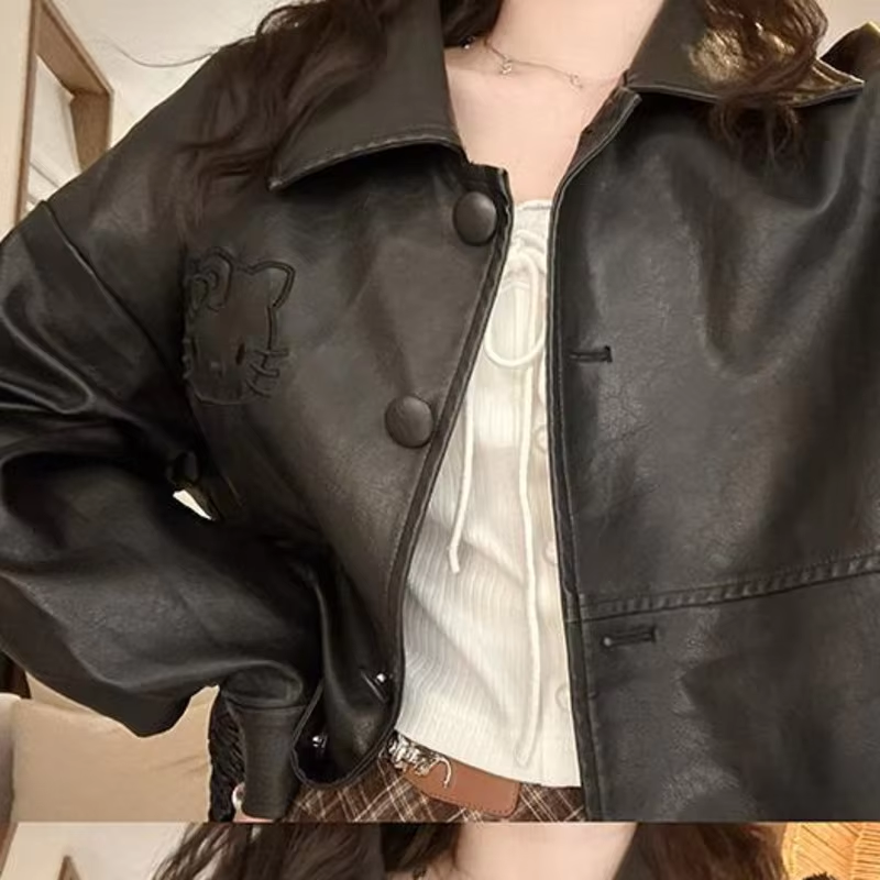 HK vyšívaná PU kožená bunda – Y2K Punk Style, sladký a všestranný černý kabát