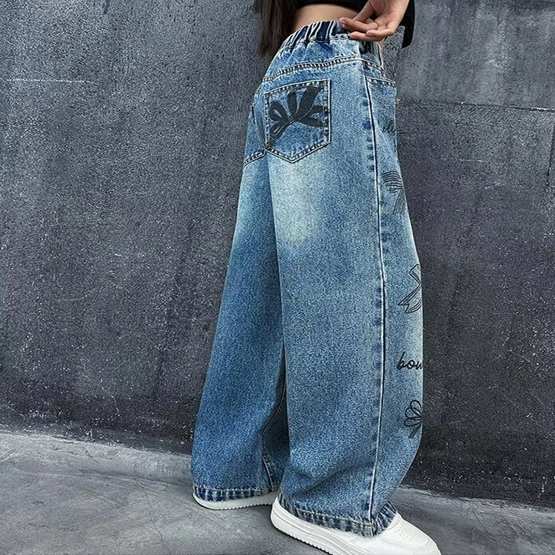 Jeans mit handgezeichnetem Graffiti-Motiv für Mädchen – Trendige Jeanshose mit weitem Bein für Teenager, lockere Hose für Frühling und Herbst (4–15 Jahre)