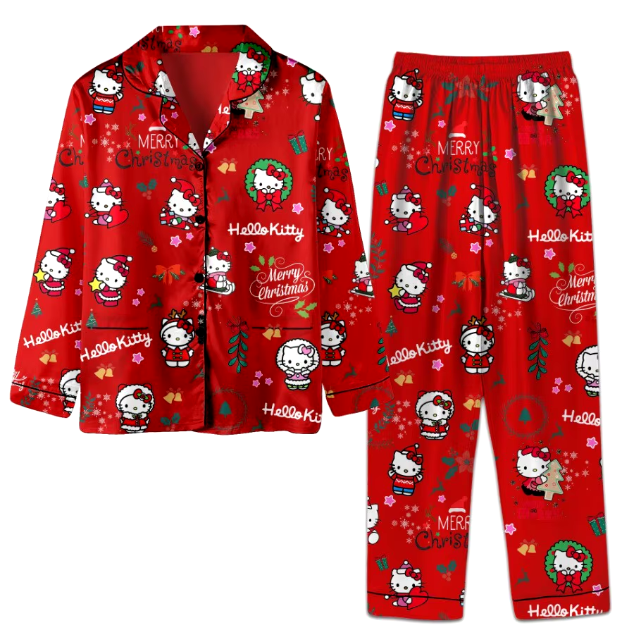 Gemütliches Kawaii Kitty-Weihnachtspyjama-Set – trendige Unisex-Langarmshirts und -Hosen für alle Jahreszeiten!
