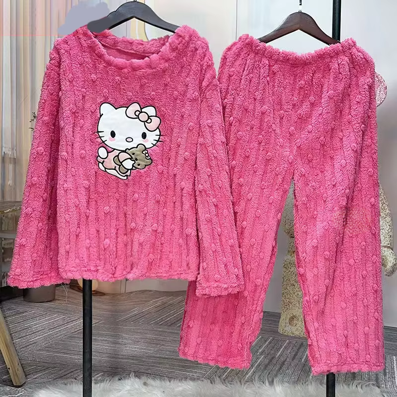 Kitty Coral Velvet Pyjamas – Süße dicke Flanellhose und süße Homewear für Damen