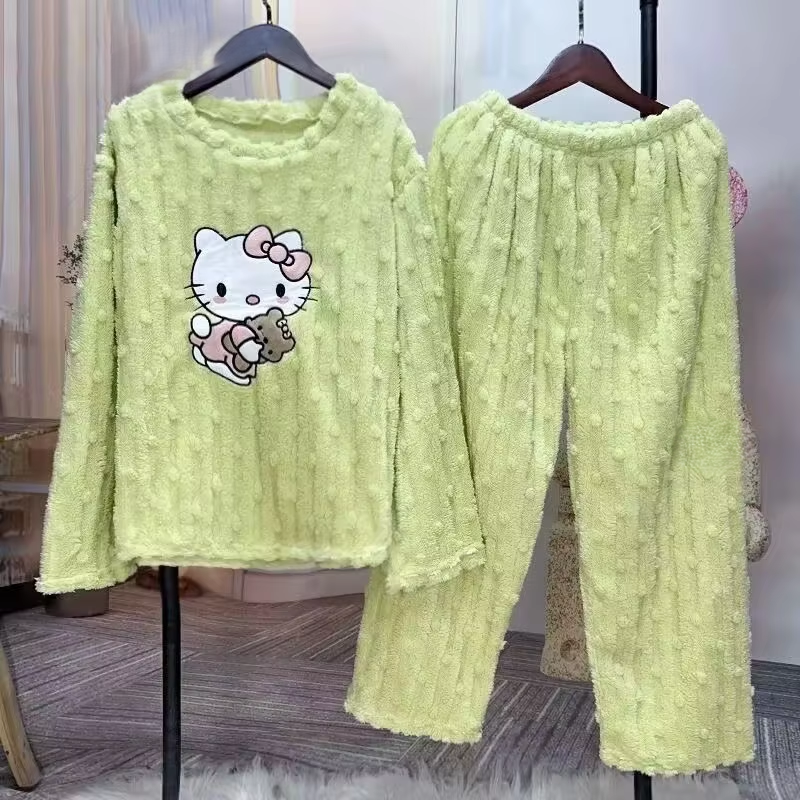 Kitty Coral Velvet Pyjamas – Süße dicke Flanellhose und süße Homewear für Damen