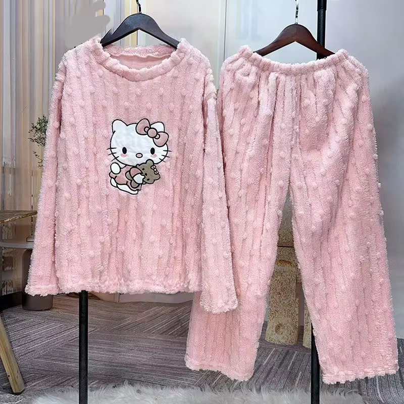 Kitty Coral Velvet Pyjamas – Süße dicke Flanellhose und süße Homewear für Damen