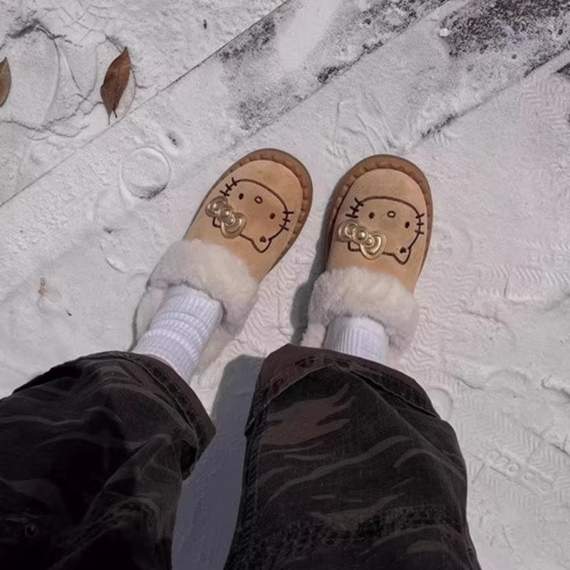 Cozy Kitty Furry Winter Shoes for Women – Velvet-Lined, Half Slippers Snow Boots