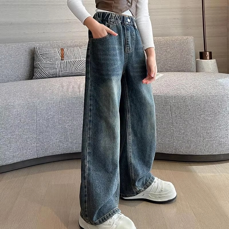 Jeans mit Schleifenstickerei und Taschen für Mädchen – Trendy Jeanshose mit weitem Bein für Teenager, lockere Hose für Frühling und Herbst (4–14 Jahre)