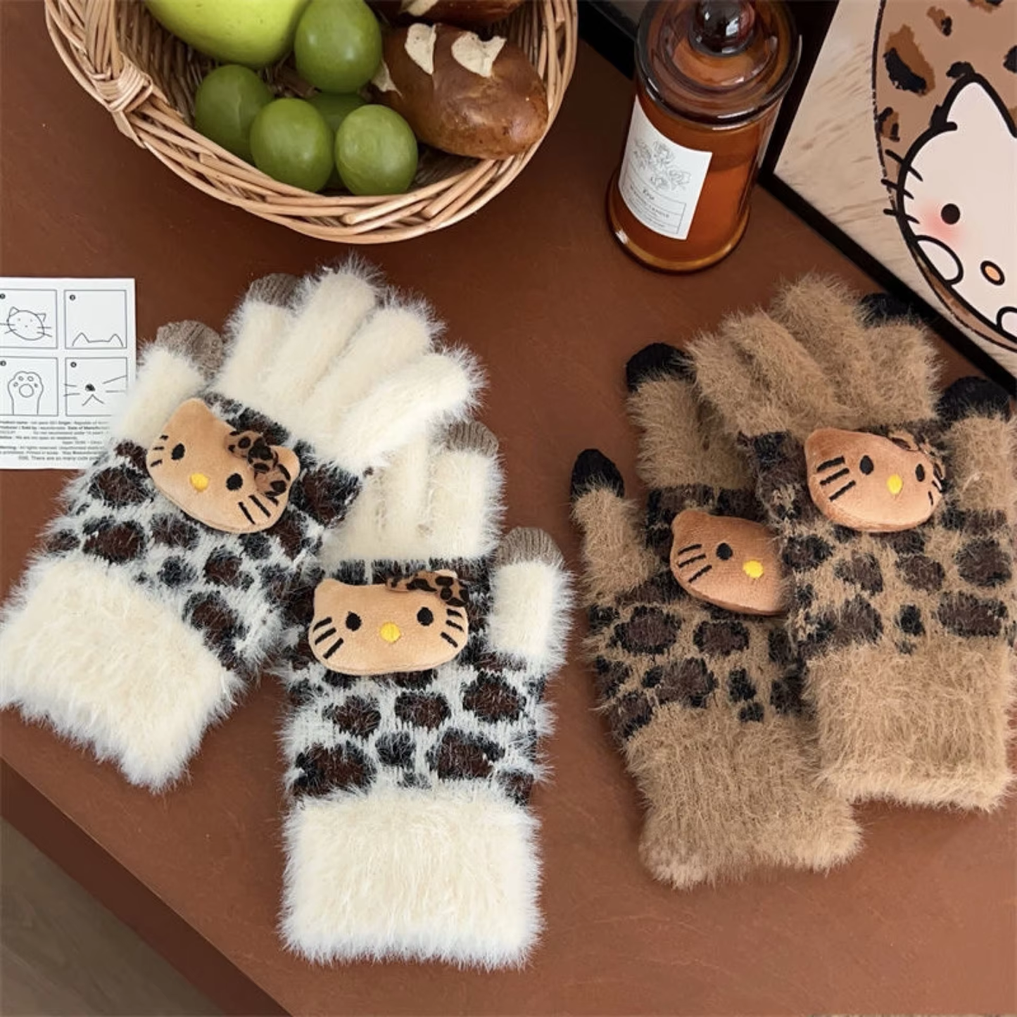 Plyšové rukavice Kitty Leopard – roztomilé větruodolné zimní rukavice pro dívky a studenty