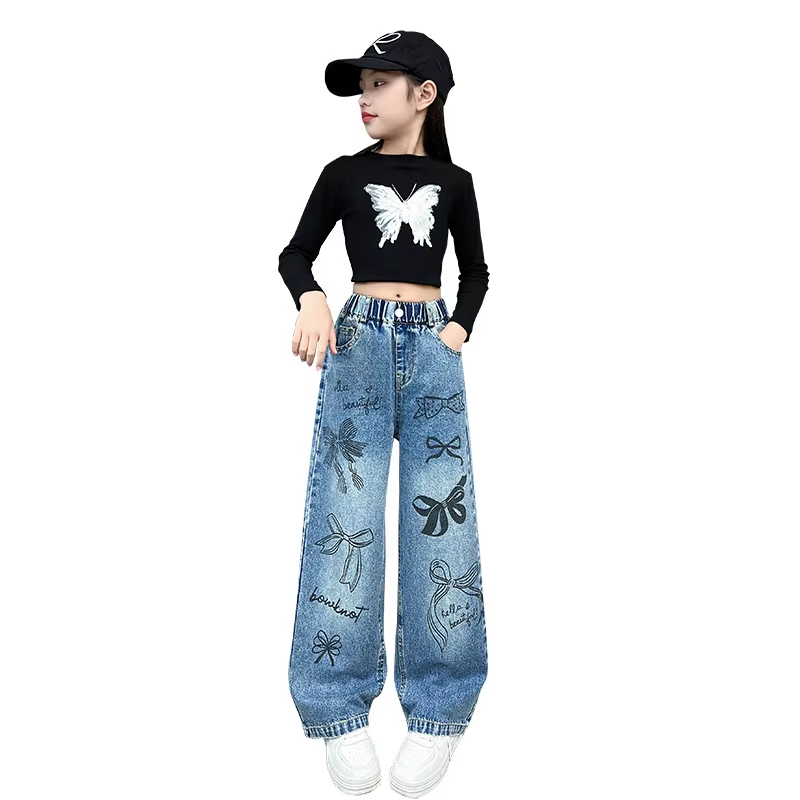 Jeans mit handgezeichnetem Graffiti-Motiv für Mädchen – Trendige Jeanshose mit weitem Bein für Teenager, lockere Hose für Frühling und Herbst (4–15 Jahre)