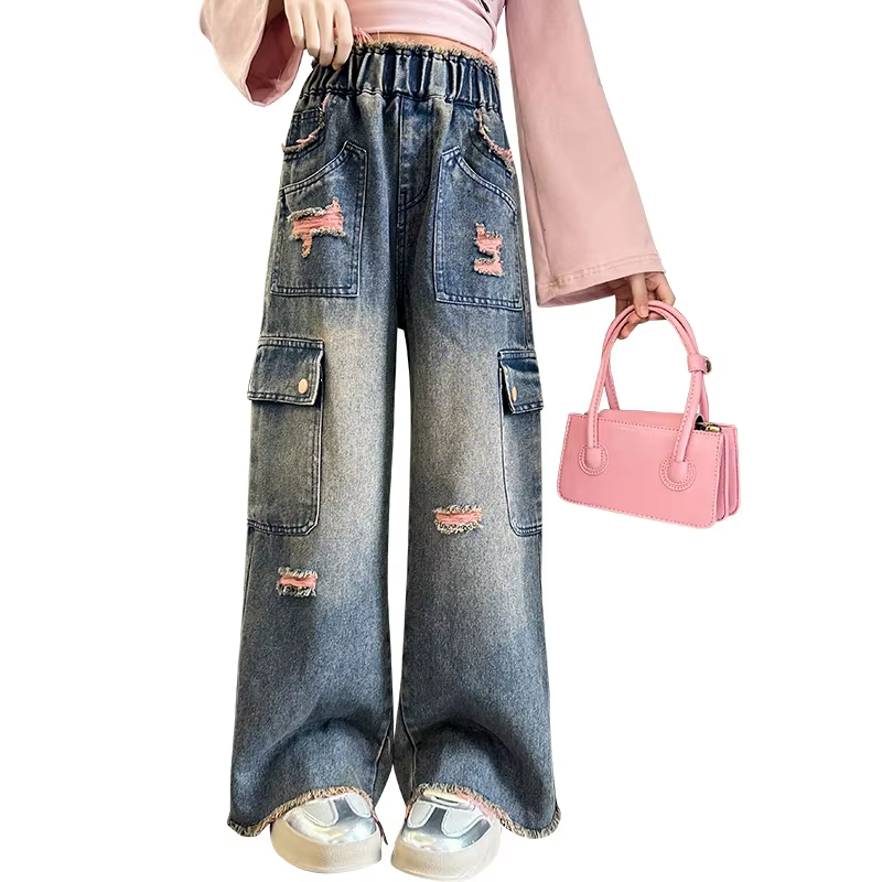 Retro-Jeans-Overall für Mädchen – Western-Stil mit großen Taschen, weites Beindesign für Kinder (5–15 Jahre).