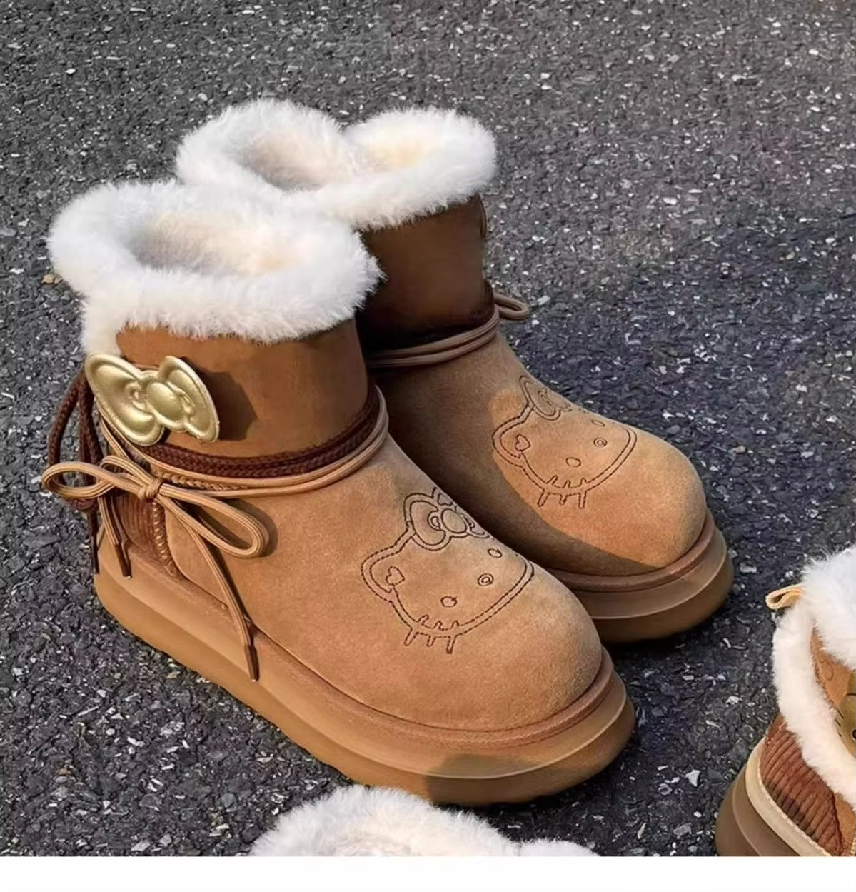 Kitty Bow Tie Lace-Up Snow Boots – Cute & Cozy Kawaii Winter Boots for Girls