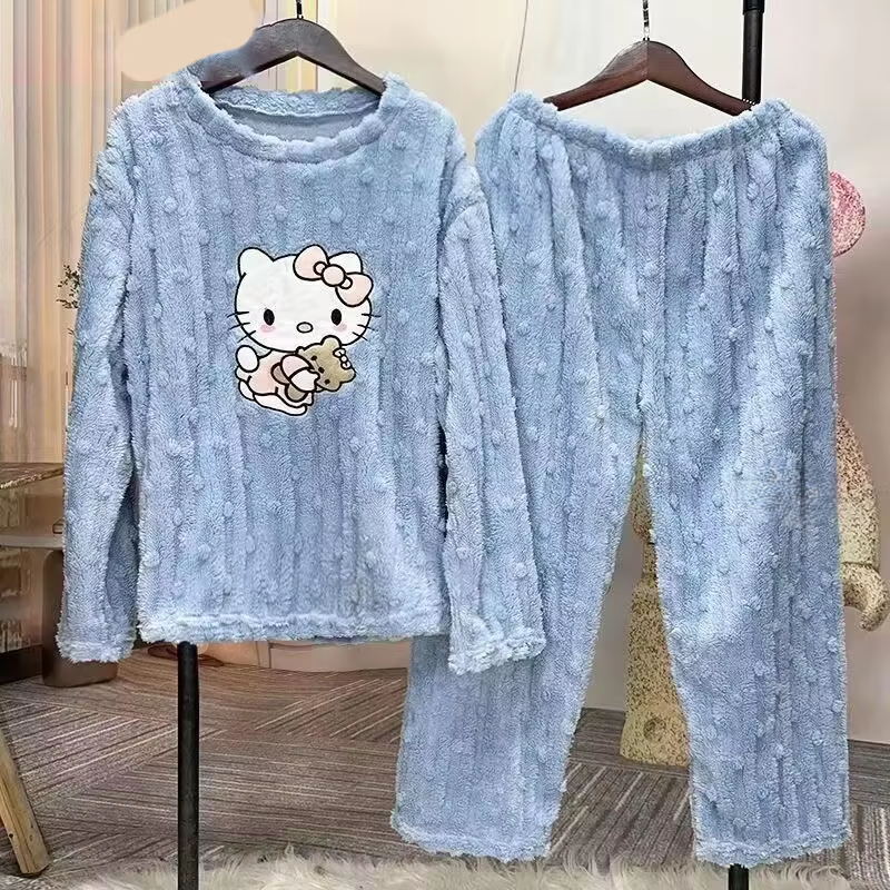 Kitty Coral Velvet Pyjamas – Süße dicke Flanellhose und süße Homewear für Damen