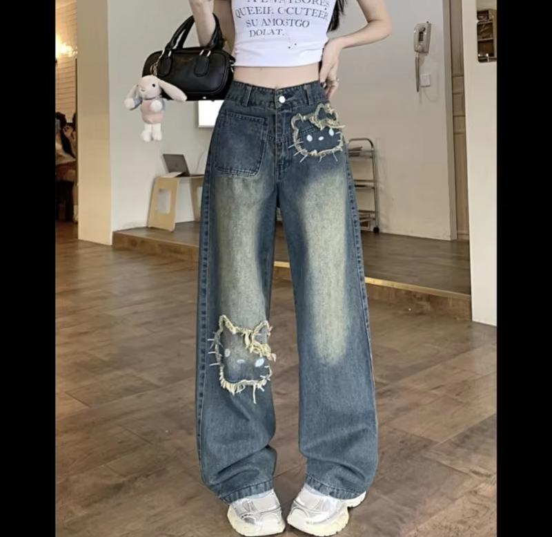 Kitty korejská verze Streetwear Džíny Ženy Vintage Modré Volné rovné kalhoty Kreslená móda Široké nohavice Kalhoty Y2k