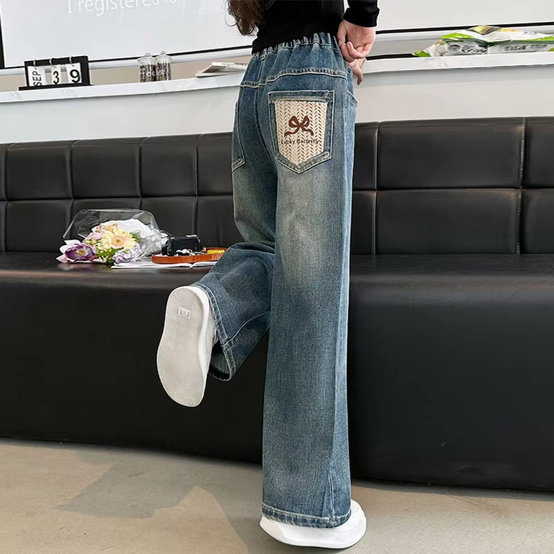 Jeans mit Schleifenstickerei und Taschen für Mädchen – Trendy Jeanshose mit weitem Bein für Teenager, lockere Hose für Frühling und Herbst (4–14 Jahre)
