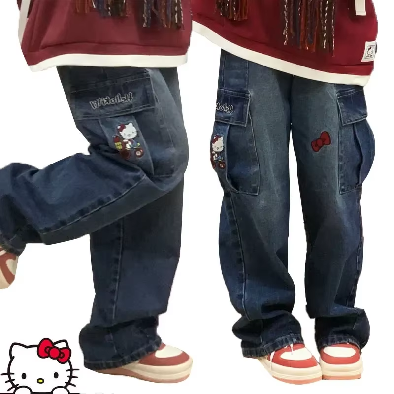 Kitty Y2K Jeans mit weitem Bein – Vintage Streetwear-Jeans, Anime-inspirierte gerade Hose für Damen
