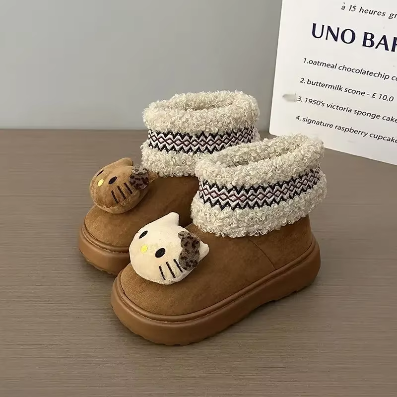 Süße Kätzchenstiefel aus der braunen Serie – Kawaii-Plüschpuppe, dicke warme Schneestiefel für Mädchen