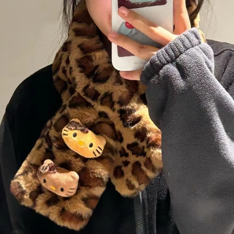 Plyšový šátek Kitty Leopard – roztomilý a trendy zimní doplněk, hřejivý a větru odolný dárek