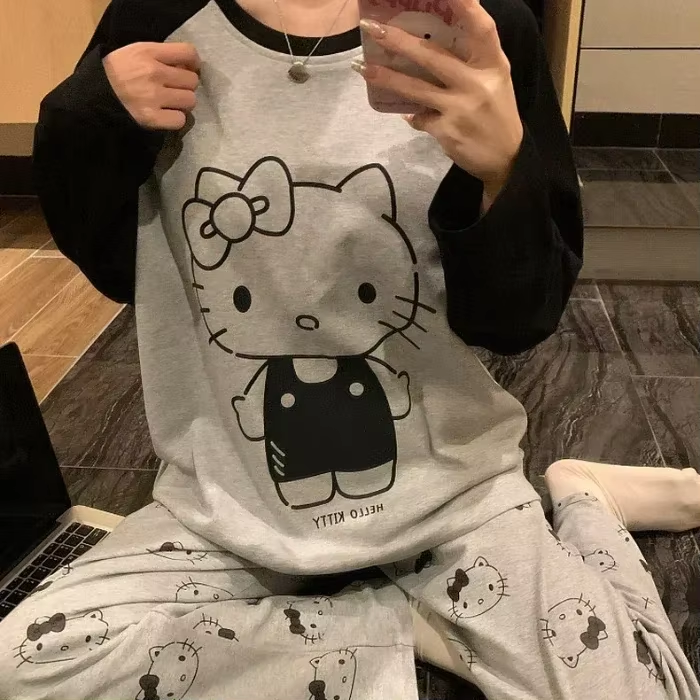 Kitty Autumn Pyjama-Set aus Baumwolle – Langarmoberteil und Hose, Loungewear aus Seide für Damen