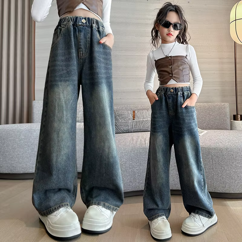 Jeans mit Schleifenstickerei und Taschen für Mädchen – Trendy Jeanshose mit weitem Bein für Teenager, lockere Hose für Frühling und Herbst (4–14 Jahre)
