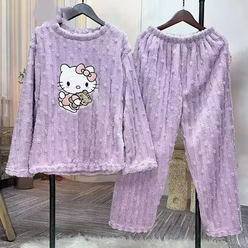 Kitty Coral Velvet Pyjamas – Süße dicke Flanellhose und süße Homewear für Damen