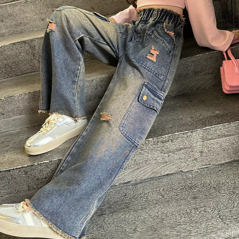 Retro-Jeans-Overall für Mädchen – Western-Stil mit großen Taschen, weites Beindesign für Kinder (5–15 Jahre).